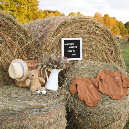 a birth announcement - two onesies in a country farm setting