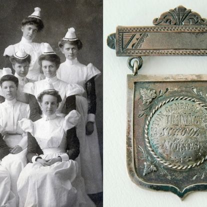 Members of the classes of 1905 and 1906 were among some of the first graduates of the KGH School of Nursing. The young women spent their own money to capture this moment for posterity. (Photo: KGH Archives) (Right) KGH School of Nursing Medal, 1888. (Photo: Museum of Health Care)
