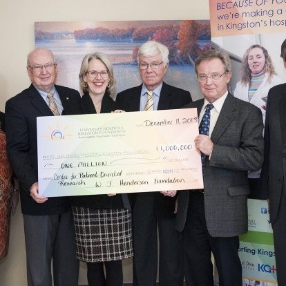 Members of the W. J. Henderson Foundation present a $1 million cheque to KGH. (left to right) Denise Cumming Executive Director, UHKF; Ian Wilson, Co-chair UHKF Centre for Patient-Oriented Care Development Council; CEO Leslee Thompson; David Pattenden, Director W. J. Henderson Foundation; Dr. Roger Deeley, VP of Health Sciences Research; Michael Hickey, VP W. J. Henderson Foundation.