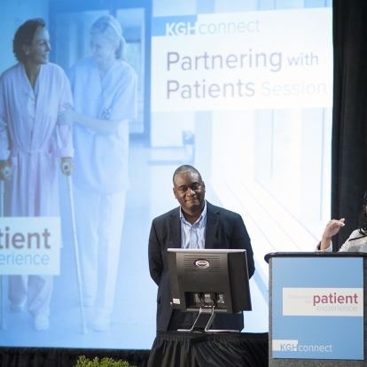 Roslyn Marshall (R) and Anthony Bernard Roberson (L) from Georgia Regents Health System speak to delegates at the KGHConnect 2013 Knowledge Exchange: Transforming the Patient Experience hosted by Kingston General Hospital in Kingston, Ontario, Canada.