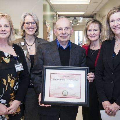 Assistant Deputy Minister Susan Fitzpatrick (right) from the Ministry of Health and Long-Term Care presented the Certificate of Accreditation to KGH. (From left) Colleen Londry, Chief Sonographer, CEO Leslee Thompson, Dr. Anthony Sanfilippo and Julie Caffin, Program Operational Director, Cardiac and Emergency.