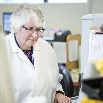 Senior Hematology Technologist Suzanne Torgerson, is being recognized for her 45 years of service with KHSC