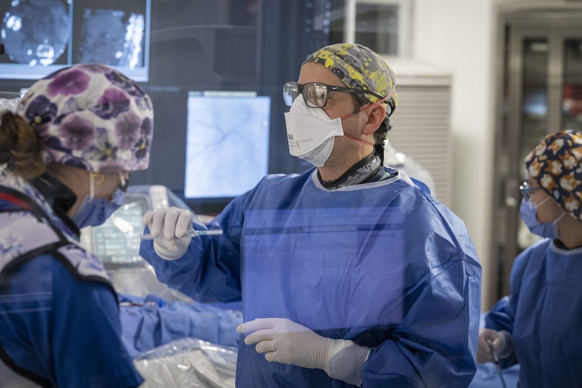 Dr. Tarulli, looking at a screen during the Y-90 procedure