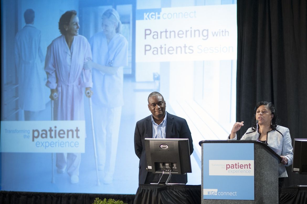 Roslyn Marshall (R) and Anthony Bernard Roberson (L) from Georgia Regents Health System speak to delegates at the KGHConnect 2013 Knowledge Exchange: Transforming the Patient Experience hosted by Kingston General Hospital in Kingston, Ontario, Canada.