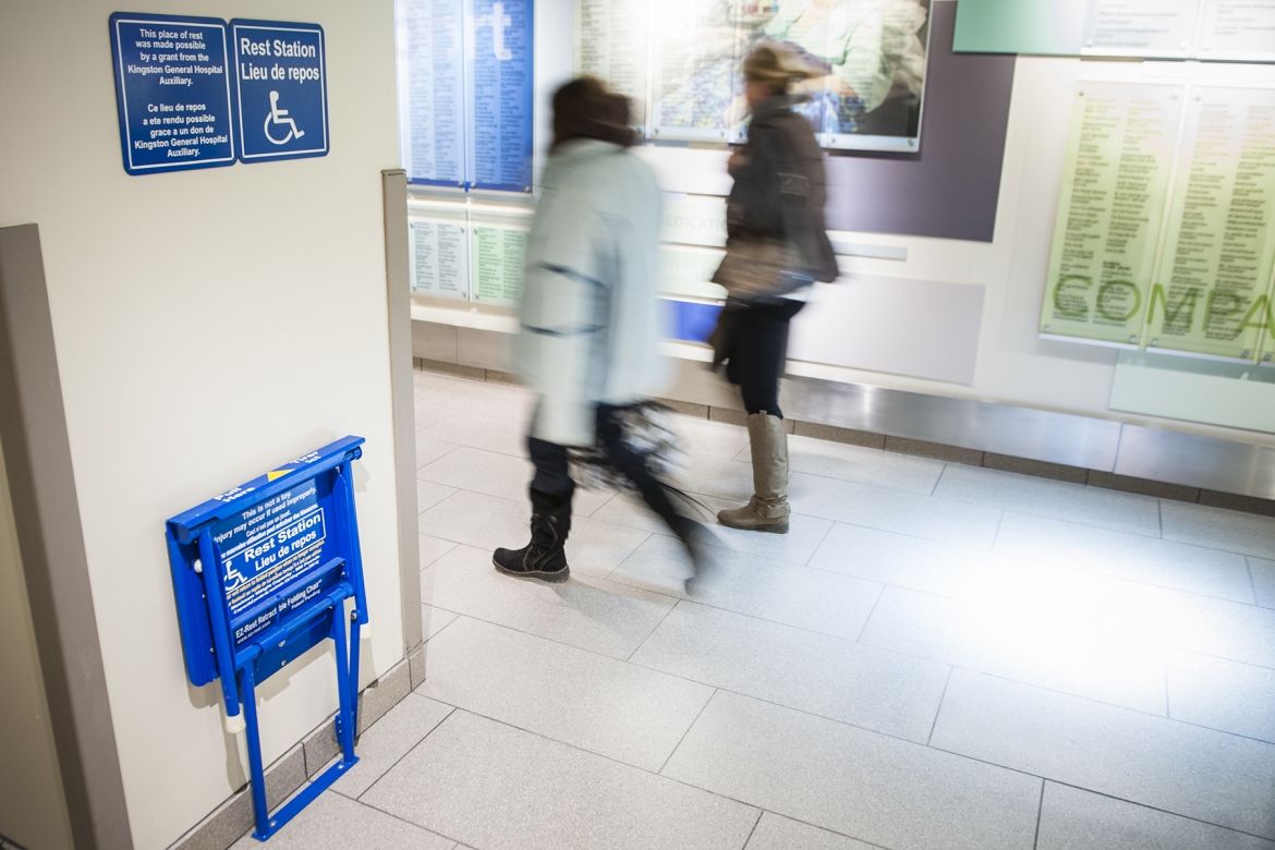 KGH is the first Canadian hospital to purchase and install 12 resting stations to assist people who need a pause while travelling our many long hallways.