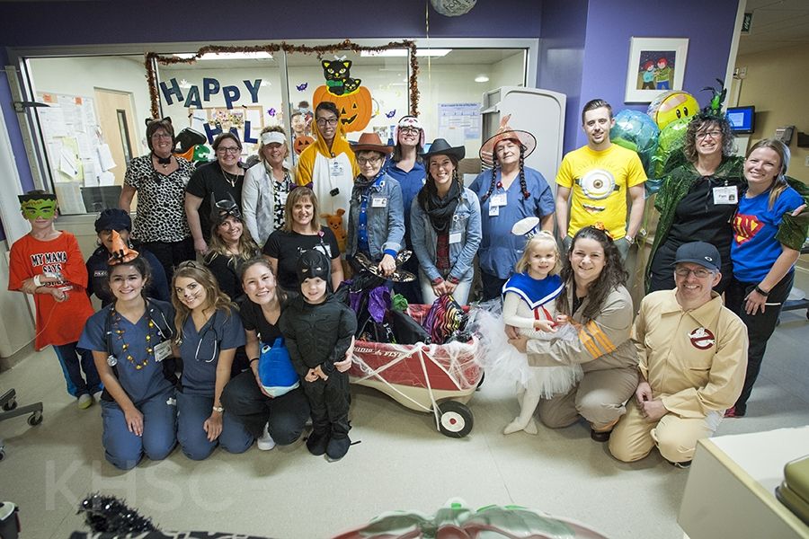 KHSC staff, physicians, patients and families show off their costumes on our pediatrics unit