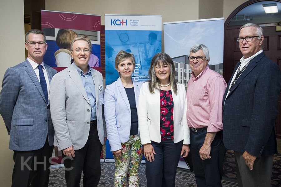 (L to R) KHSC Board Chair David O'Toole, KHSC CEO Dr. David Pichora, Providence Care CEO Cathy Szabo, MPP Sophie Kiwala, Providence Care Board Chair Brian Devlin, SELHIN Interim Board Chair Chris Salt