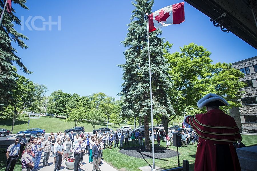 Kingston's Town Crier Chris Whyman kicks off KGH's commemoration of the 175 anniversary of the first parliament meeting