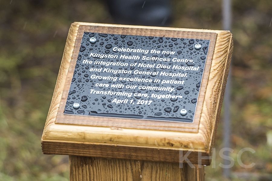 A plaque marks the spot in City Park where a tree will be planted to mark the integration of KGH and Hotel Dieu
