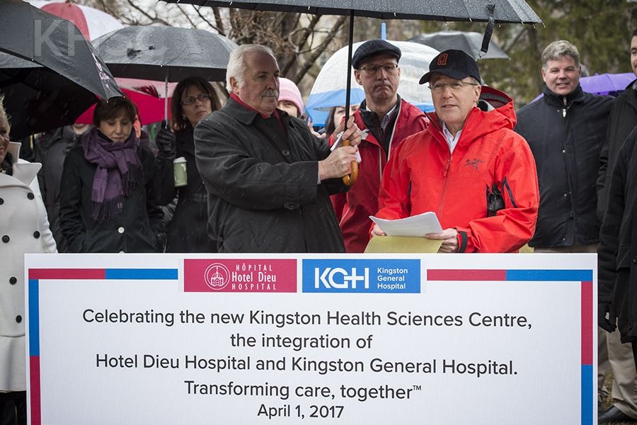 (L to R) Patient Experience Advisor Josef Amann, KHSC Board Chair David O'Toole and KHSC CEO Dr. David Pichora speak during a celebration marking the HDH and KGH integration in City Park on March 31, 2017