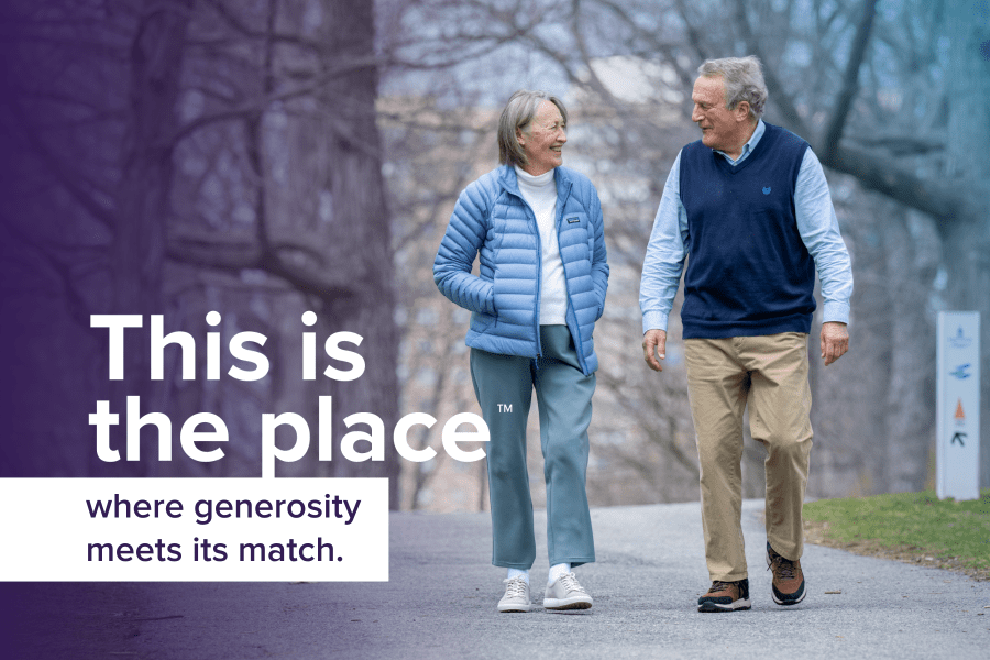 A photo of Maureen and Graham Rush walking in a park with text saying "this is the place where generosity meets its match"