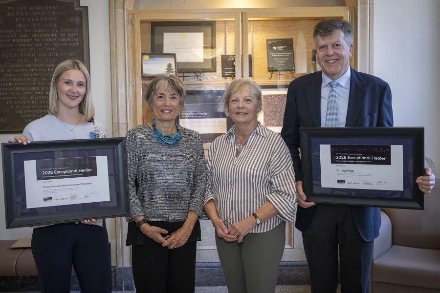 Carolyn Knuude, Susan Bedell, Patti Cox, and Dr. Jay Engel attend the 2025 Exceptional Healer Awards held this morning at the Kingston General Hospital.
