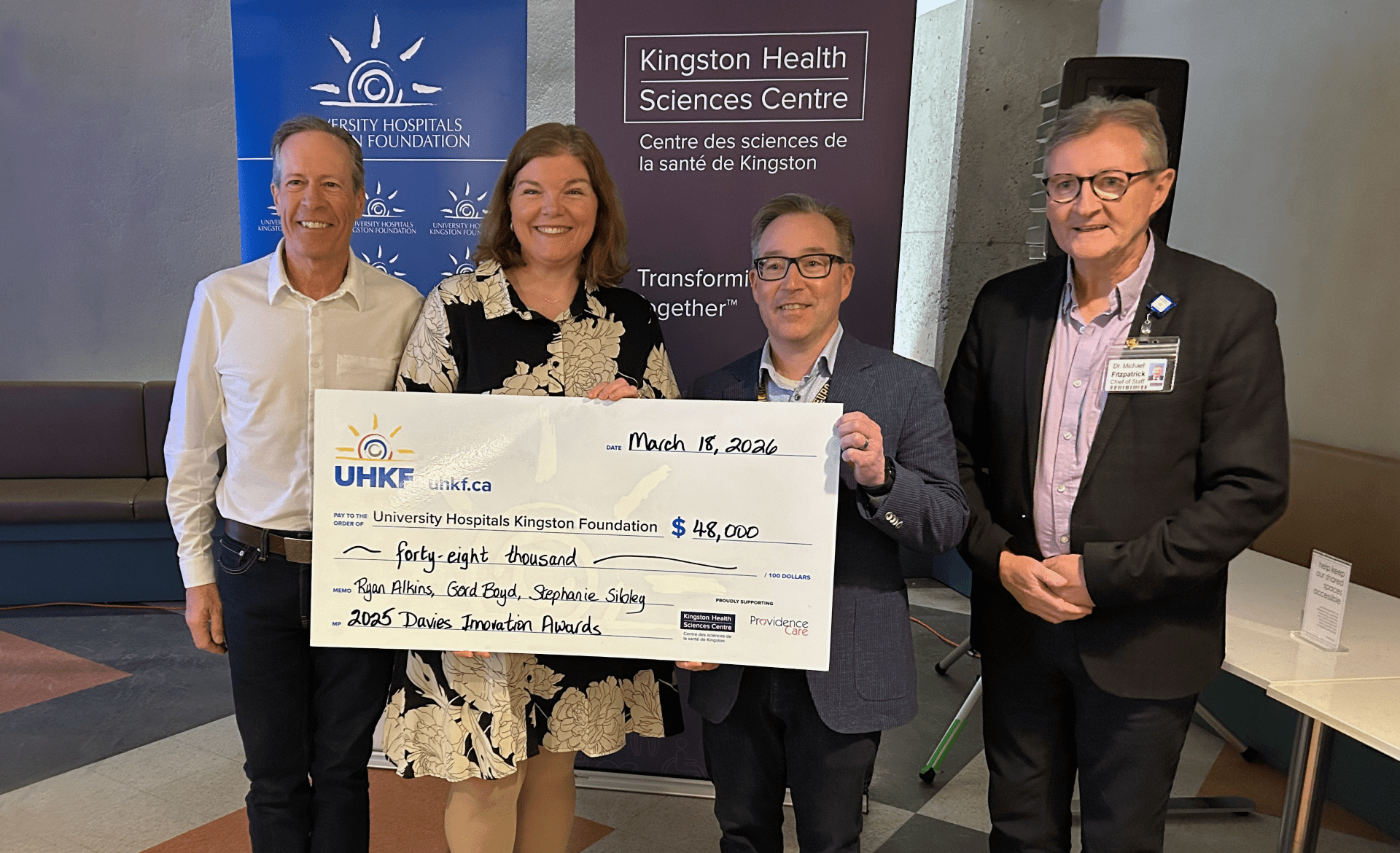 Recipients receive a $48,000 cheque to support a new research study at KHSC