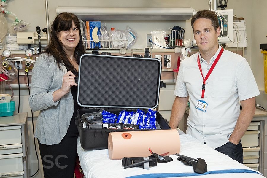 Compressing, packing and applying a tourniquet to a wound are all part of Stop the Bleed training provided by KHSC Trauma Program staff including Cathy Dain, Advanced Practice Nurse, and Dr. Chris Evans, Program Medical Director.