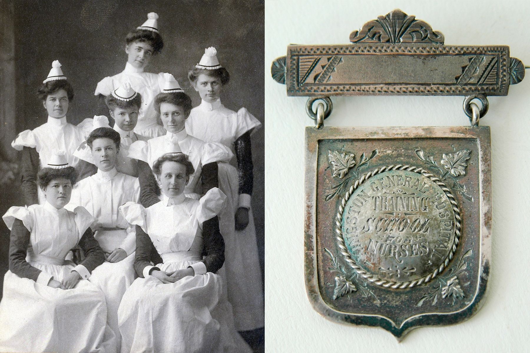 Members of the classes of 1905 and 1906 were among some of the first graduates of the KGH School of Nursing. The young women spent their own money to capture this moment for posterity. (Photo: KGH Archives) (Right) KGH School of Nursing Medal, 1888. (Photo: Museum of Health Care)