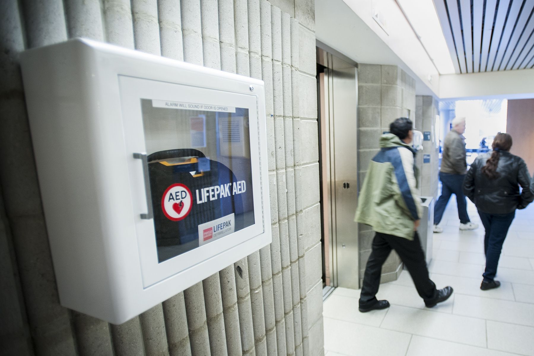 This AED near the Kidd elevators in our main lobby is one of four installed around KGH