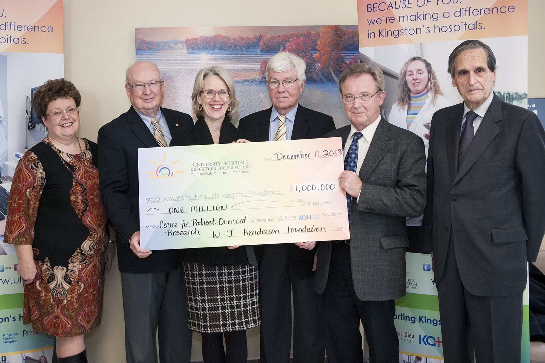 Members of the W. J. Henderson Foundation present a $1 million cheque to KGH. (left to right) Denise Cumming Executive Director, UHKF; Ian Wilson, Co-chair UHKF Centre for Patient-Oriented Care Development Council; CEO Leslee Thompson; David Pattenden, Director W. J. Henderson Foundation; Dr. Roger Deeley, VP of Health Sciences Research; Michael Hickey, VP W. J. Henderson Foundation.