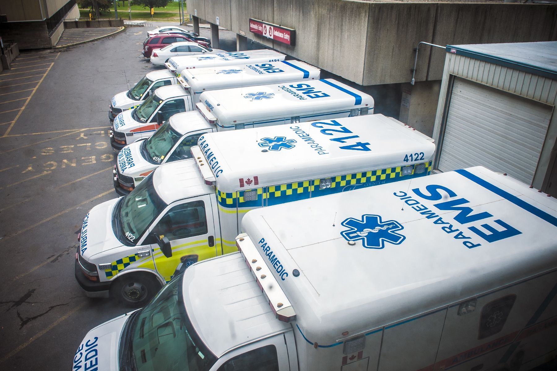 Ambulances parked at the offload ramp of KGH emergency department.