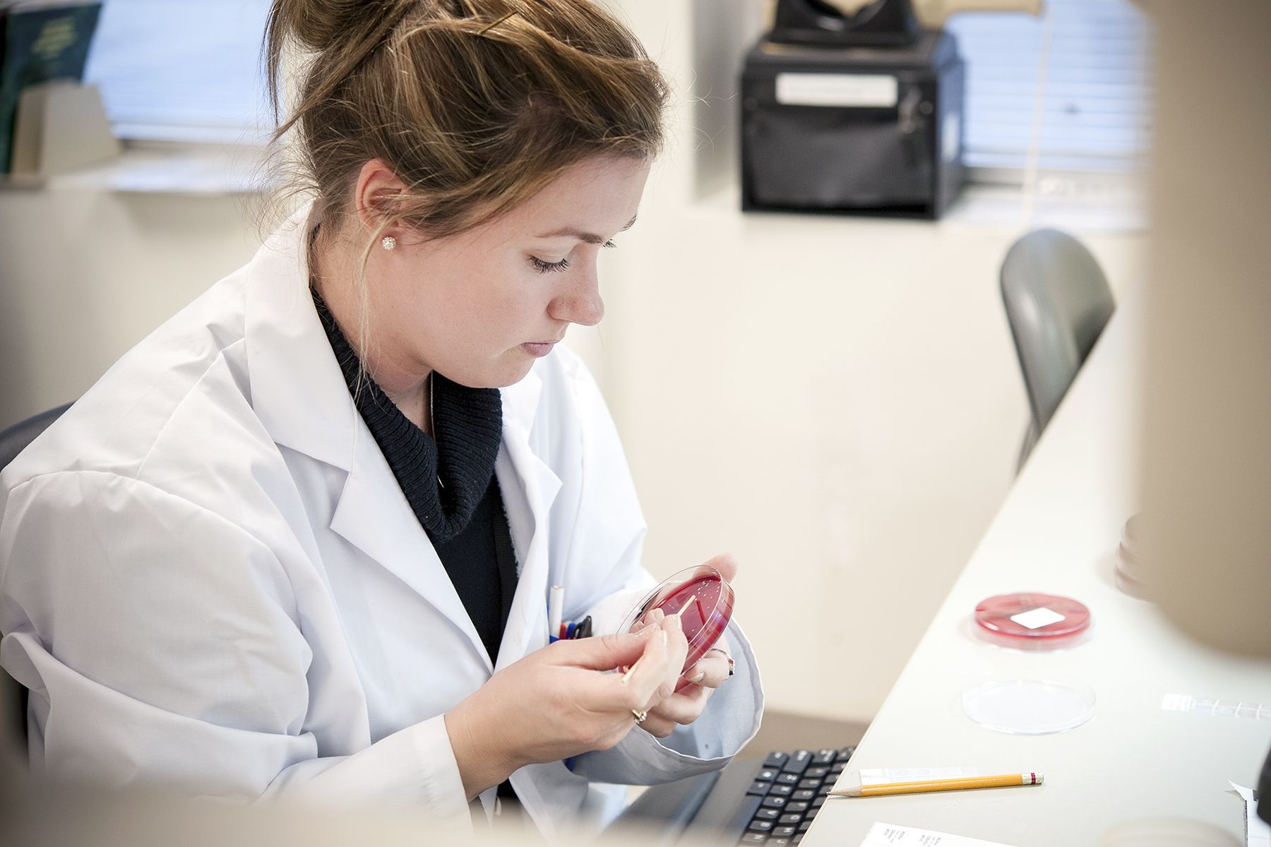 One of the many Medical Lab Technologists at KGH reviews samples in the microbiology laboratory at Kingston General Hospital.