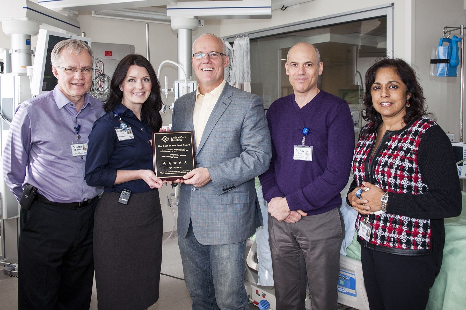 From L-R: Dr. John Drover, Critical Care Program Medical Director at KGH, Registered Dietitian Kim Gough at KGH, Dr. Daren Heyland from CERU, Dr. Roy Iian, Attending Physician at KGH and Rupinder Dhaliwal, Manager of Research and Networking at CERU.