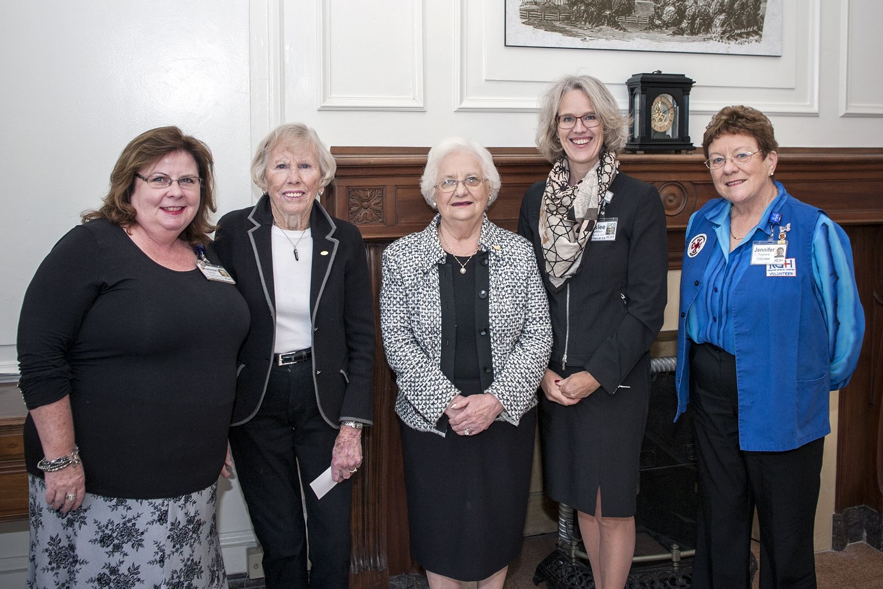 (From left) VP People Services and Organizational Effectiveness Shannon Graham, Volunteer Marion Atack, Volunteer Shirley Abramsky, CEO Leslee Thompson and Auxiliary President Jennie Raymond at a special service recognition event