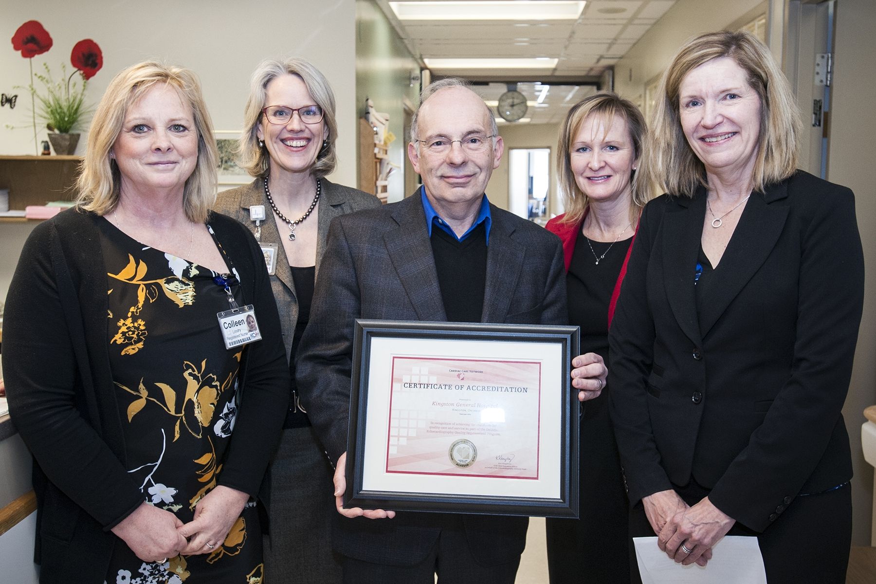 Assistant Deputy Minister Susan Fitzpatrick (right) from the Ministry of Health and Long-Term Care presented the Certificate of Accreditation to KGH. (From left) Colleen Londry, Chief Sonographer, CEO Leslee Thompson, Dr. Anthony Sanfilippo and Julie Caffin, Program Operational Director, Cardiac and Emergency.