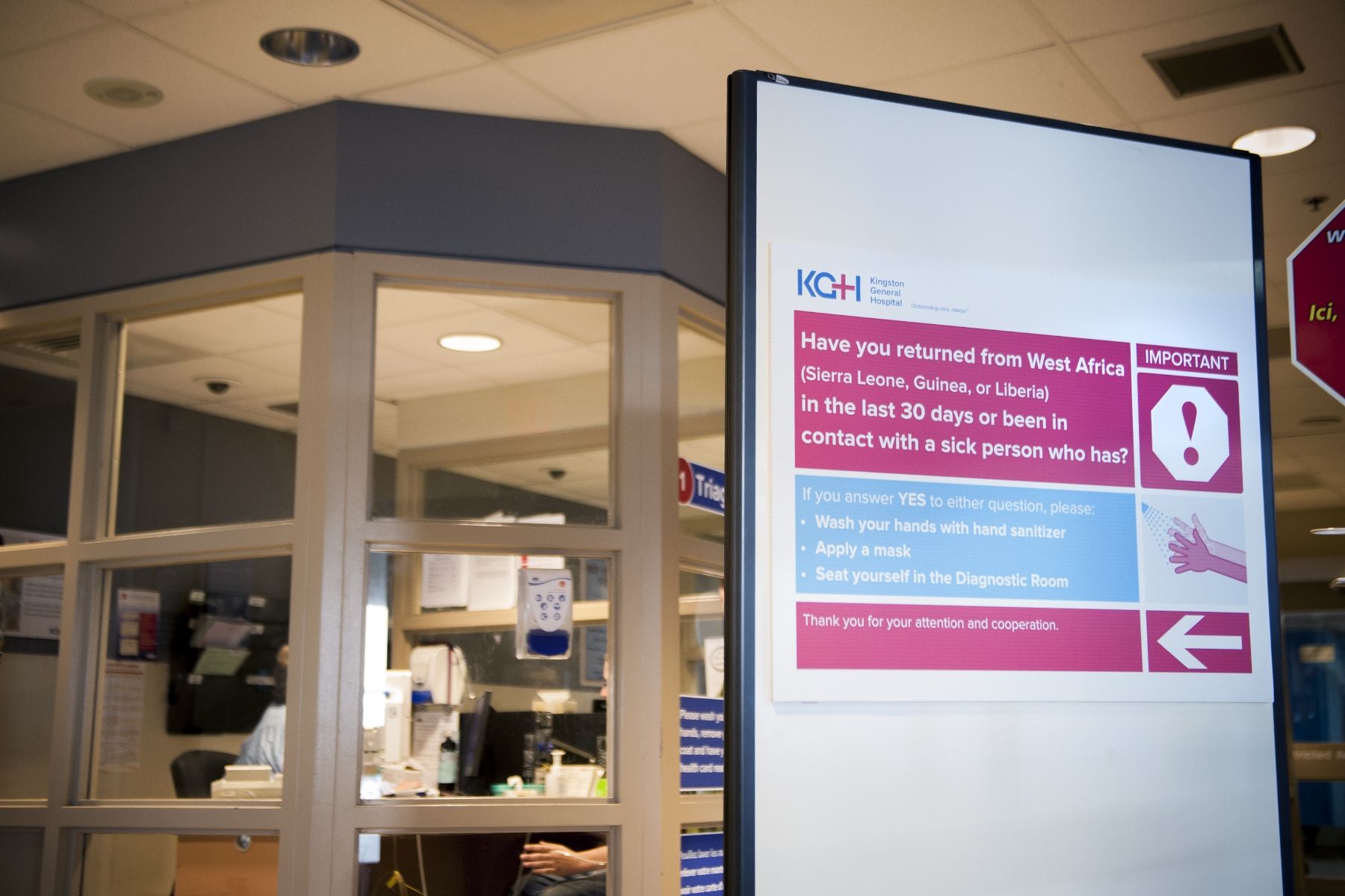 New signs in the Emergency Department to direct patients who may be at risk of having Ebola.