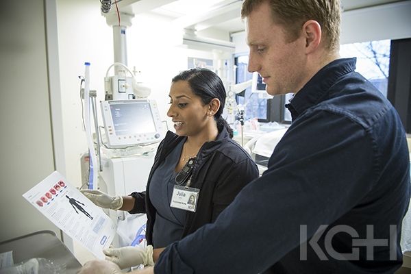 RN Julia John is one of KGH’s new skin and wound care nurse champions. Here she shares pressure ulcer prevention strategies with Nursing Student Scott Conway in the Kidd 2 ICU.