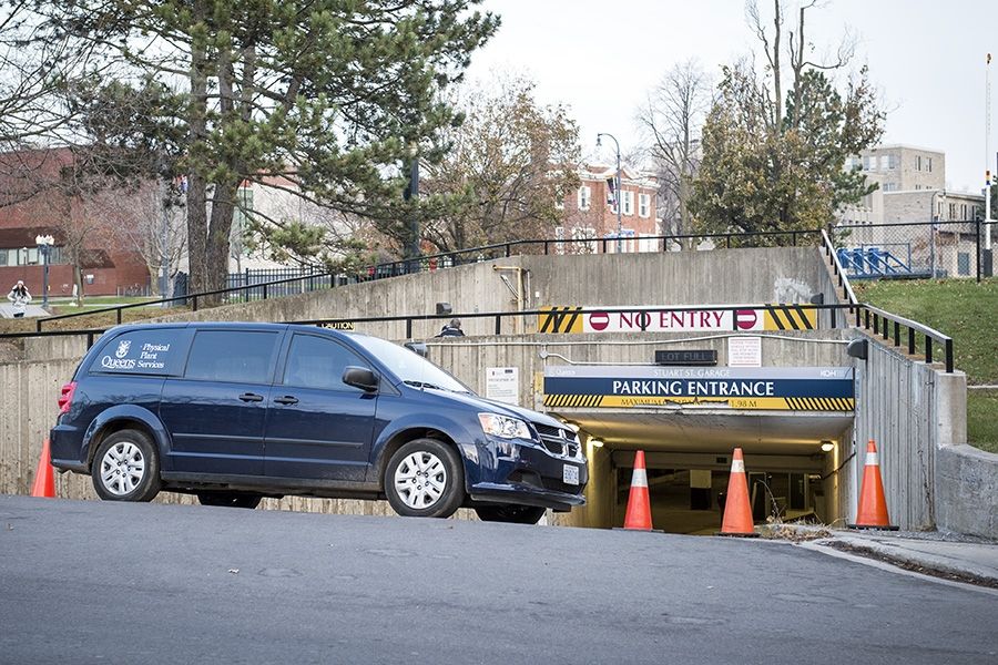 Underground parking garage entrance at Queen's University off Stuart Street.