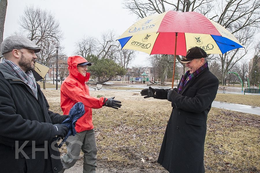 Dr. Pichora and Jim Flett greet each other in City Park, a mid-way point between the two hospitals, for a celebration to mark the integration of KGH and HDH.