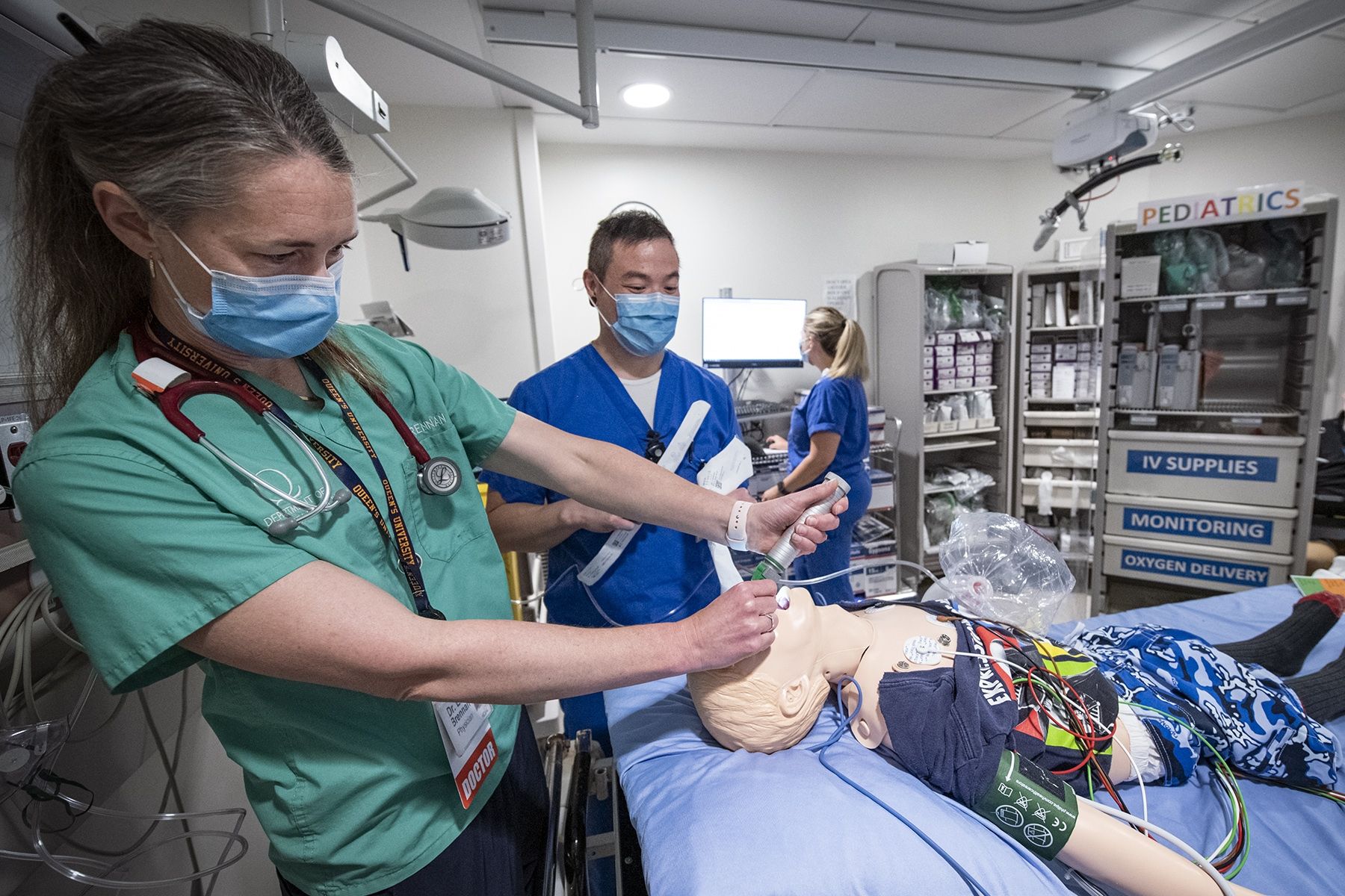 Members of a multidisciplinary team participate in simulation training in KHSC's Emergency Department, testing out the recently redesigned pediatric resuscitation carts