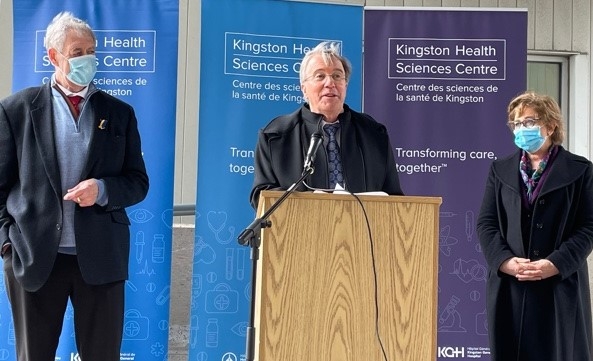 (L to R) MPP Daryl Kramp, President and CEO Dr. David Pichora and Parliamentary Assistant to the Minister of Health Robin Martin announce funding for a new Kingston satellite dialysis clinic.