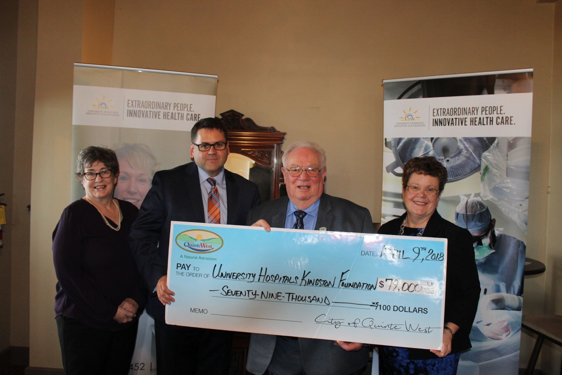 Mayor Harrison (second from right) presents a cheque on behalf of the municipality of Quinte West