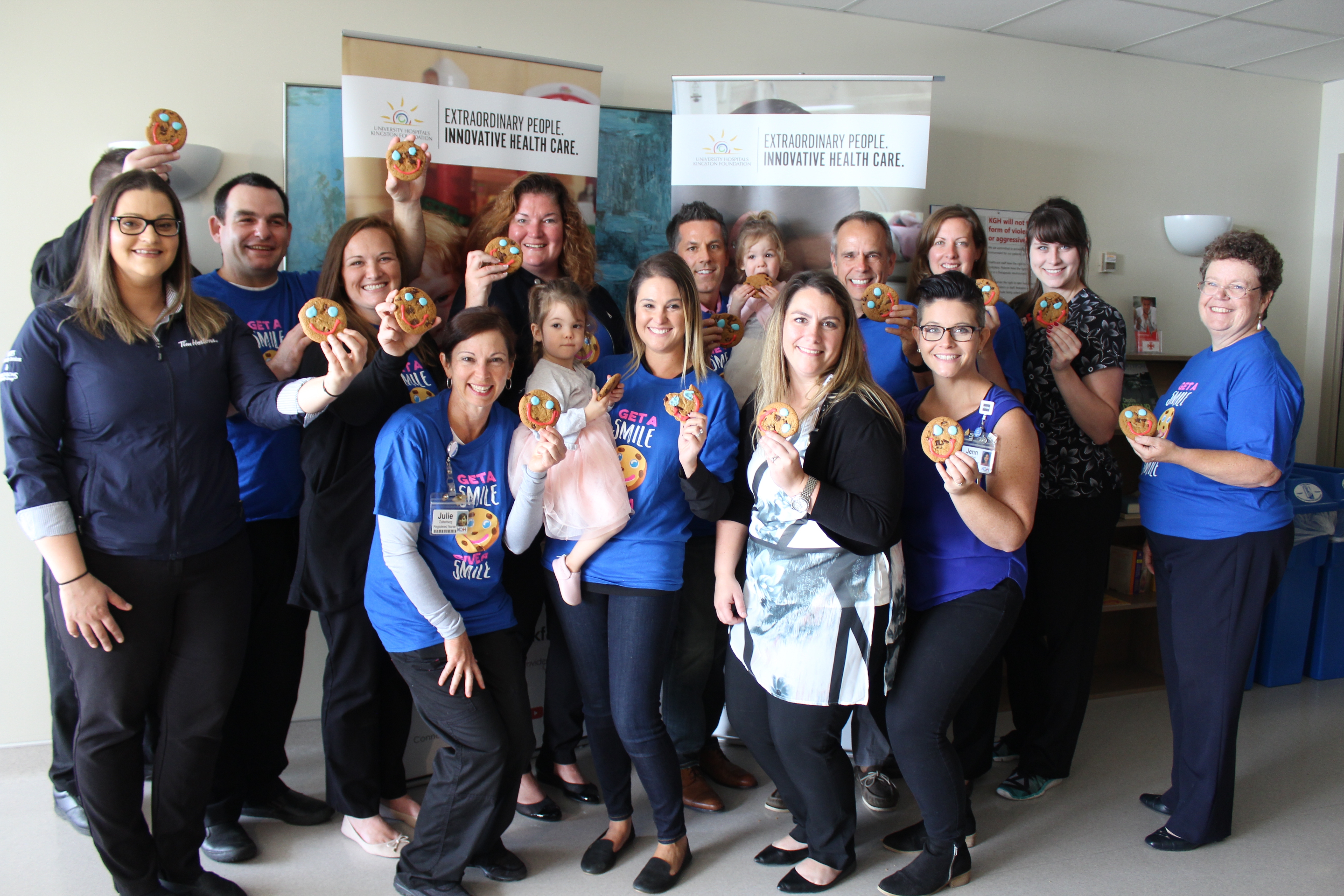 KHSC and UHKF staff along with former NICU patients and Tim Hortons owners kick off the smile cookie campaign