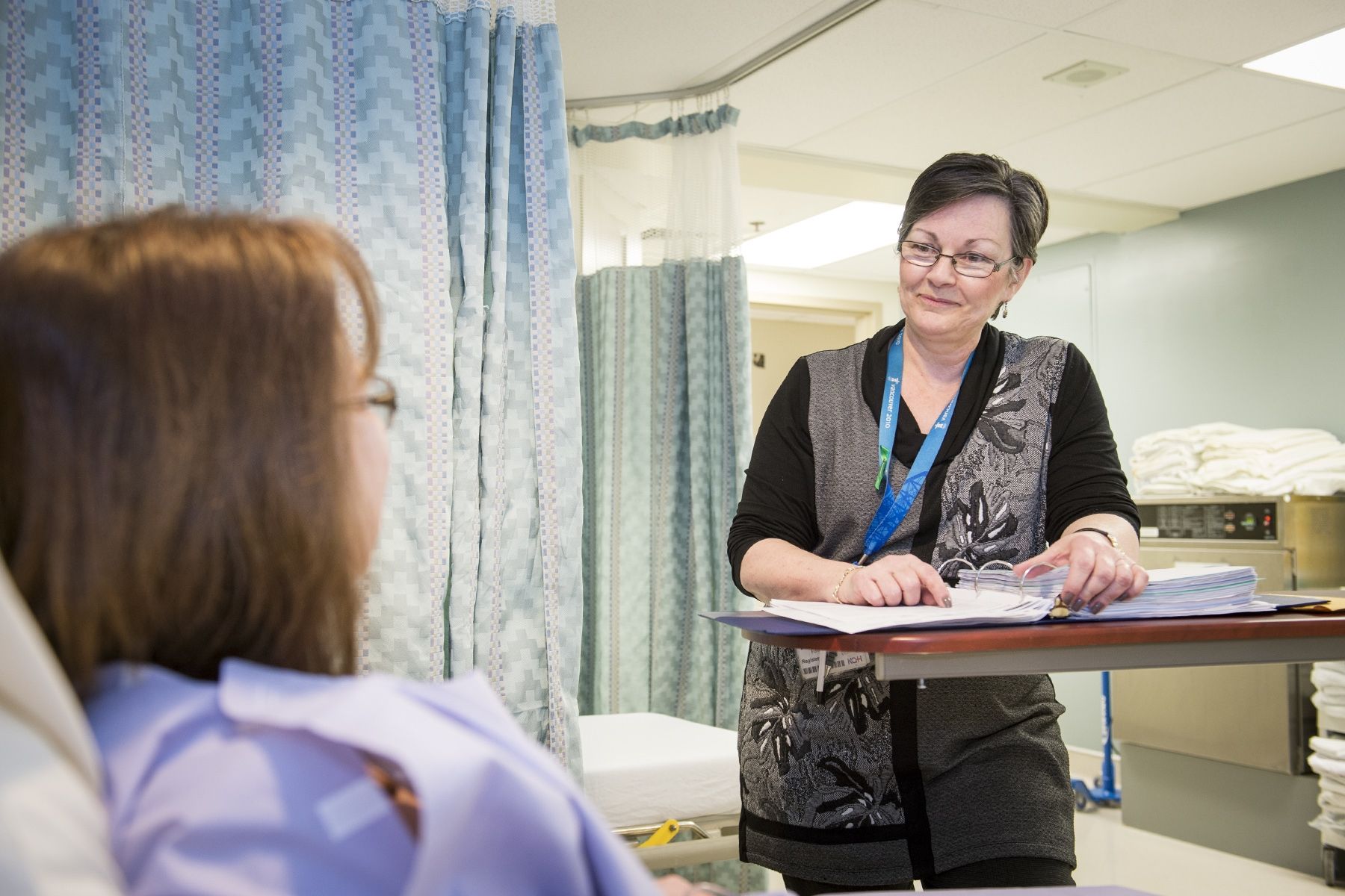 Arlene Funnell, coordinator with the Kidney Transplant Program at KHSC, meets with a live kidney donor