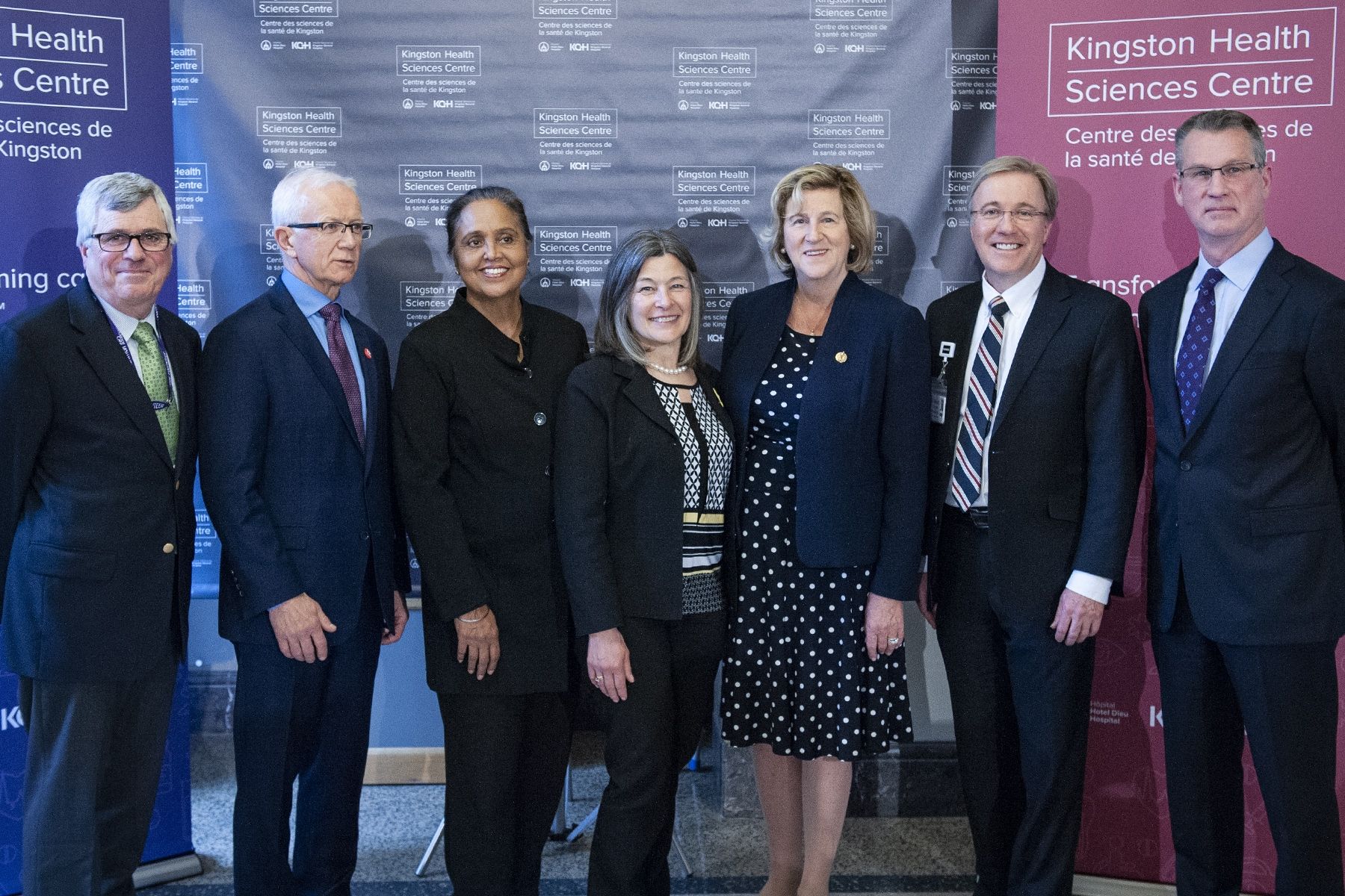 (L to R) Providence Care Board Chair Brian Devlin, SELHIN CEO Paul Huras, SELHIN Board Chair Hersh Sehdev, MPP Sophie Kiwala, Minister Helena Jaczek, KHSC CEO Dr. David Pichora, KHSC Board Chair David O'Toole