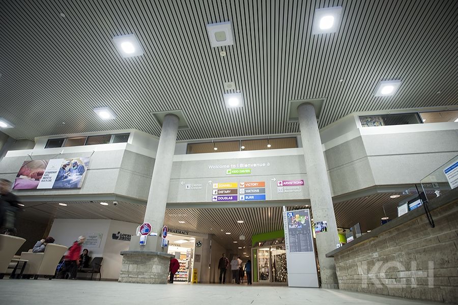 A view of the KGH main lobby showing the new, energy efficient LED light bulbs.