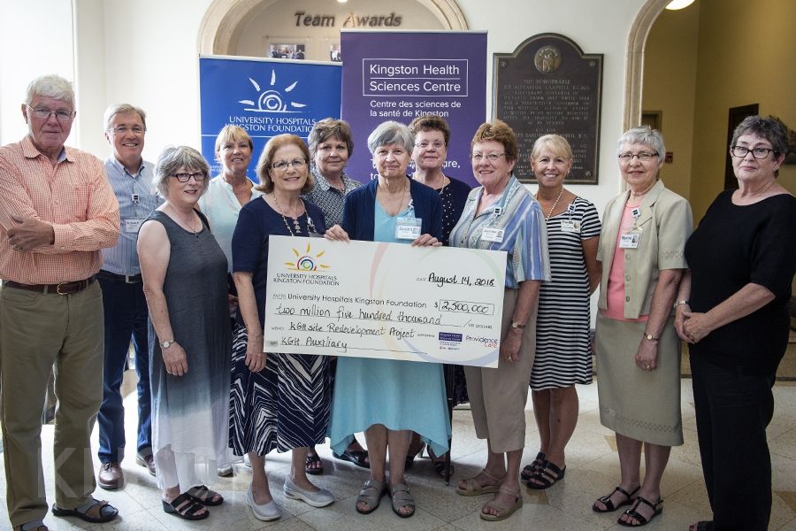Members of the KGH Auxiliary present a cheque to representatives of the University Hospital's Kingston Foundation as well as the KHSC Board of Directors and Executive team.