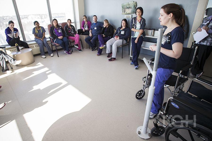 Physiotherapist Elizabeth Brown educating staff on Connell 10 about the new transfer poles.