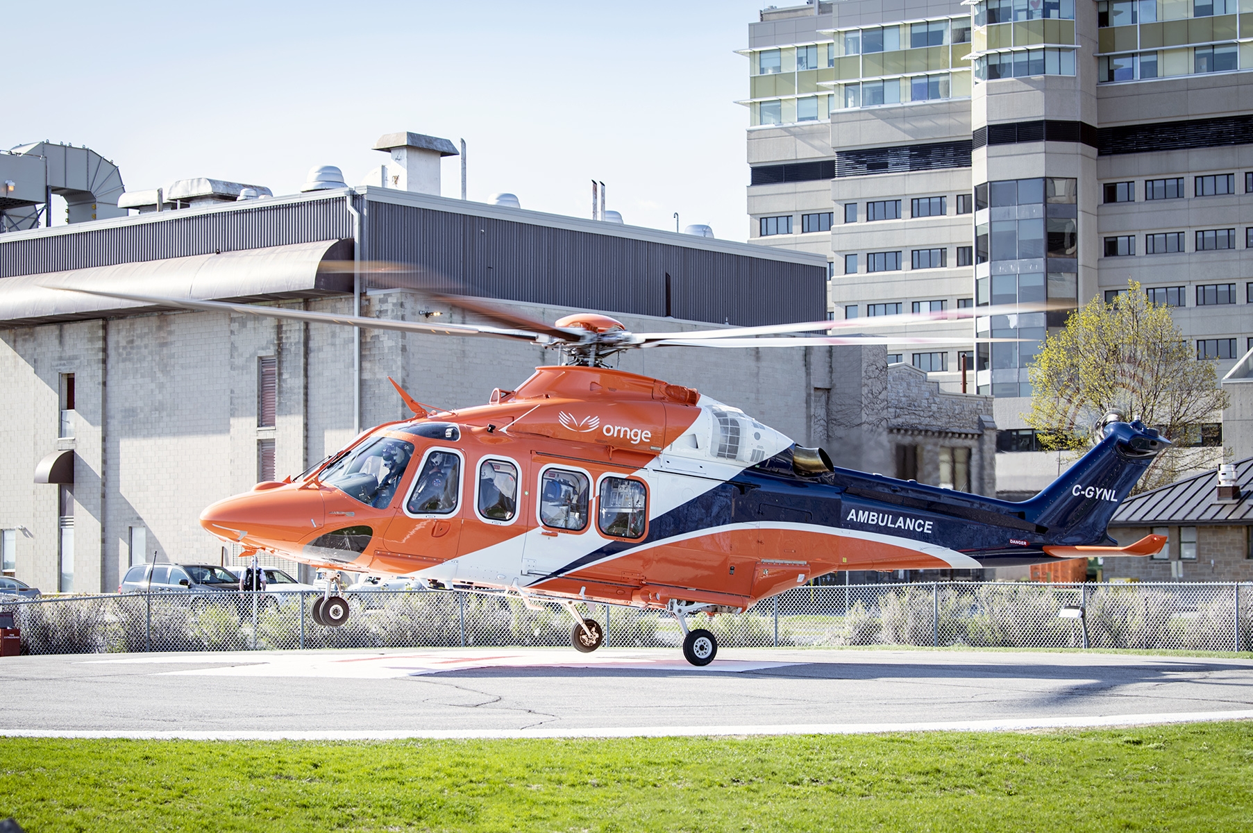 An Ornge air ambulance lands at the KGH site